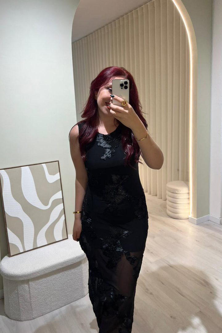 Vestido Preto Midi Estampado Preto